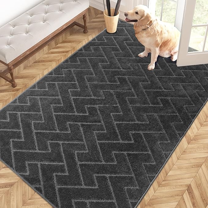 PURRUGS Easy Care Area Rug 4ft x 6ft, Non-Slip Machine Washable Entry Rug, Dog Door Mat, Stain Resistant Accent Rug for Hallway, Bedroom, Living Room and Mudroom, Charcoal