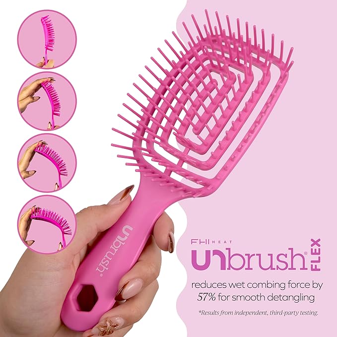 FHI Heat UNbrush Flex Detangling Brush — Ultra-Flexible, Pain-Free Hair Brush Detangler with DuoFlex Anti-Static Bristles for Removing Tangles, Massaging Scalp & Faster Styling - Pink