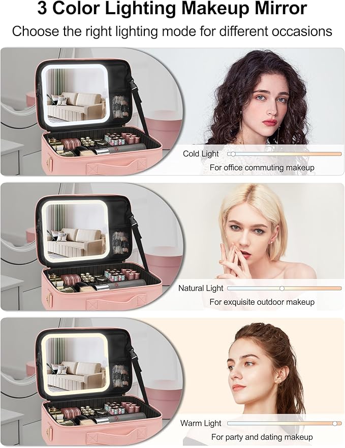 Relavel Travel Makeup Bag With LED Mirror, Portable Cosmetic Bag Organizer with Adjustable Brightness in 3 Color Scenarios, Small Cute Train Case with Detachable Dividers for Trip- Pink Strip