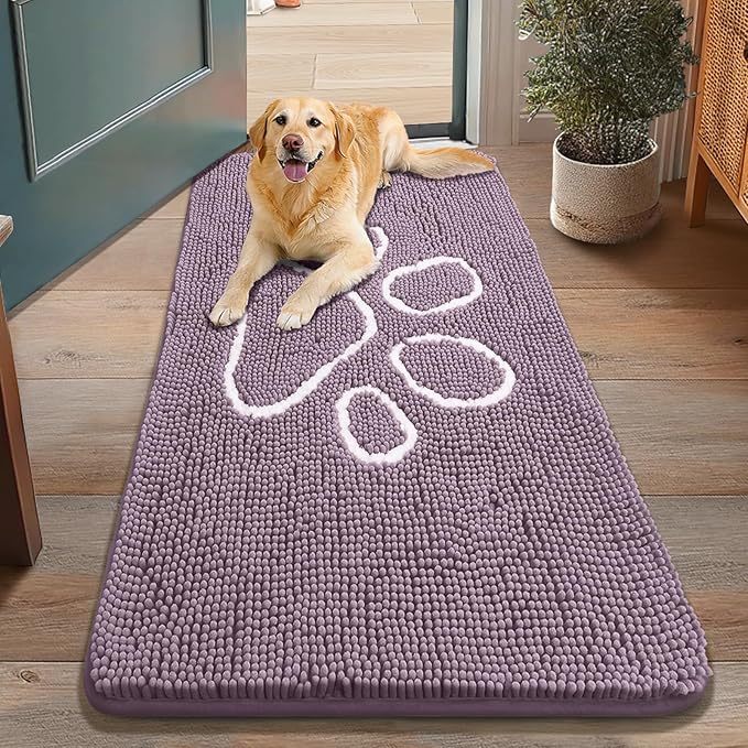 Smiry Dog Door Mat for Muddy Paws, Absorbent Dirt Trapper Non Slip Quick Dry Washable Chenille Mat for Mud Dogs, Entry Rug for Indoor and Outdoor (48x30 Inches, Deep Plum and White)
