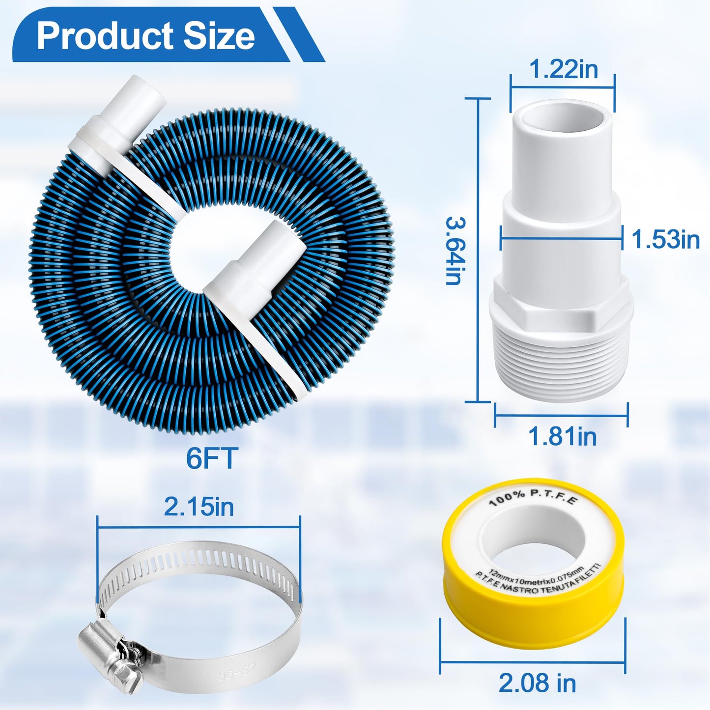 6 Ft Above Ground Pool Hoses for Hayward Filter Pump, 1-1/2" Pool Pump Hose Connector Hose Replacement Kit（2 Pack)