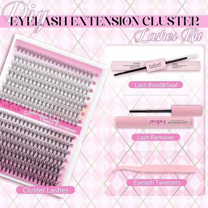 DIY Lash Extensions Kit, Lash Clusters Individual, Lash Bond and Seal, Clusters Lash Glue Remover and Eyelash Tweezers for Eyelash Extensions Beginners (10D+20D-0.07D, 8-16mm, Kit)