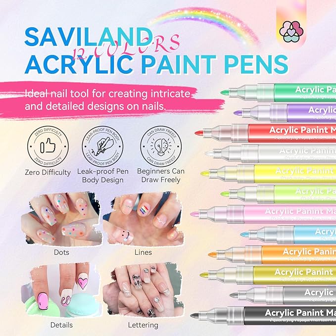 SAVILAND Nail Art Pens Set: 12 Colors 0.7mm 3D Nail Polish Pens Acrylic Paint Markers for Nail Art Design, Drawing Painting Pen Dotting Liner Brush DIY Manicure Tools Kit for Home Salon Use