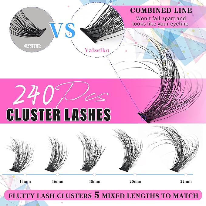 Wispy Lash Clusters 14-22mm Thick Eyelash Clusters D Curl Wispy Individual Lashes 80D Cluster Eyelash Extensions 240pcs Plant Fibers Lashes Clusters DIY Lash Extension, by Yaiseiko