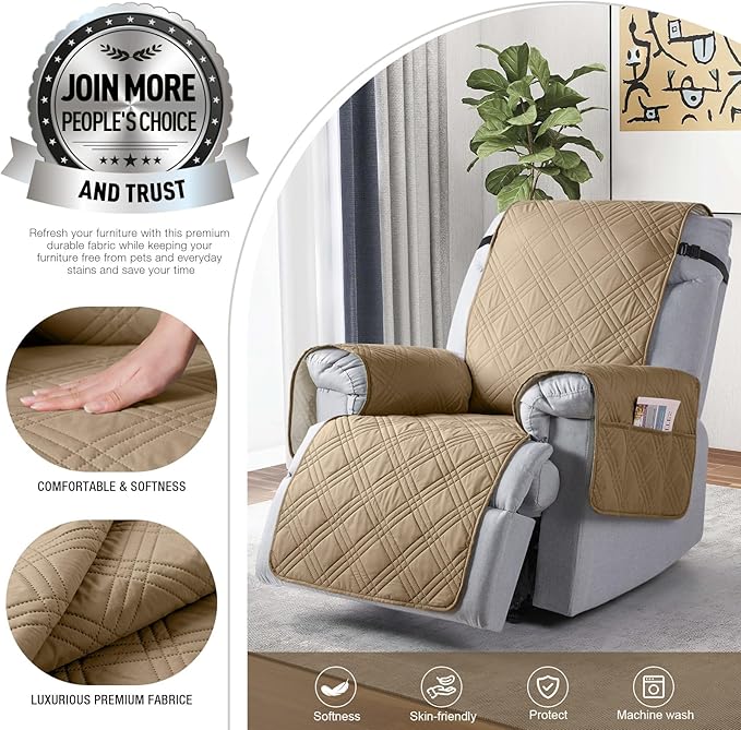 TAOCOCO 100% Waterproof Recliner Chair Covers, Non Slip Recliner Covers for Recliner Chair with Pocket, Washable Reclining Chair Cover Furniture Protector for Kids,Dogs(25'', Camel)