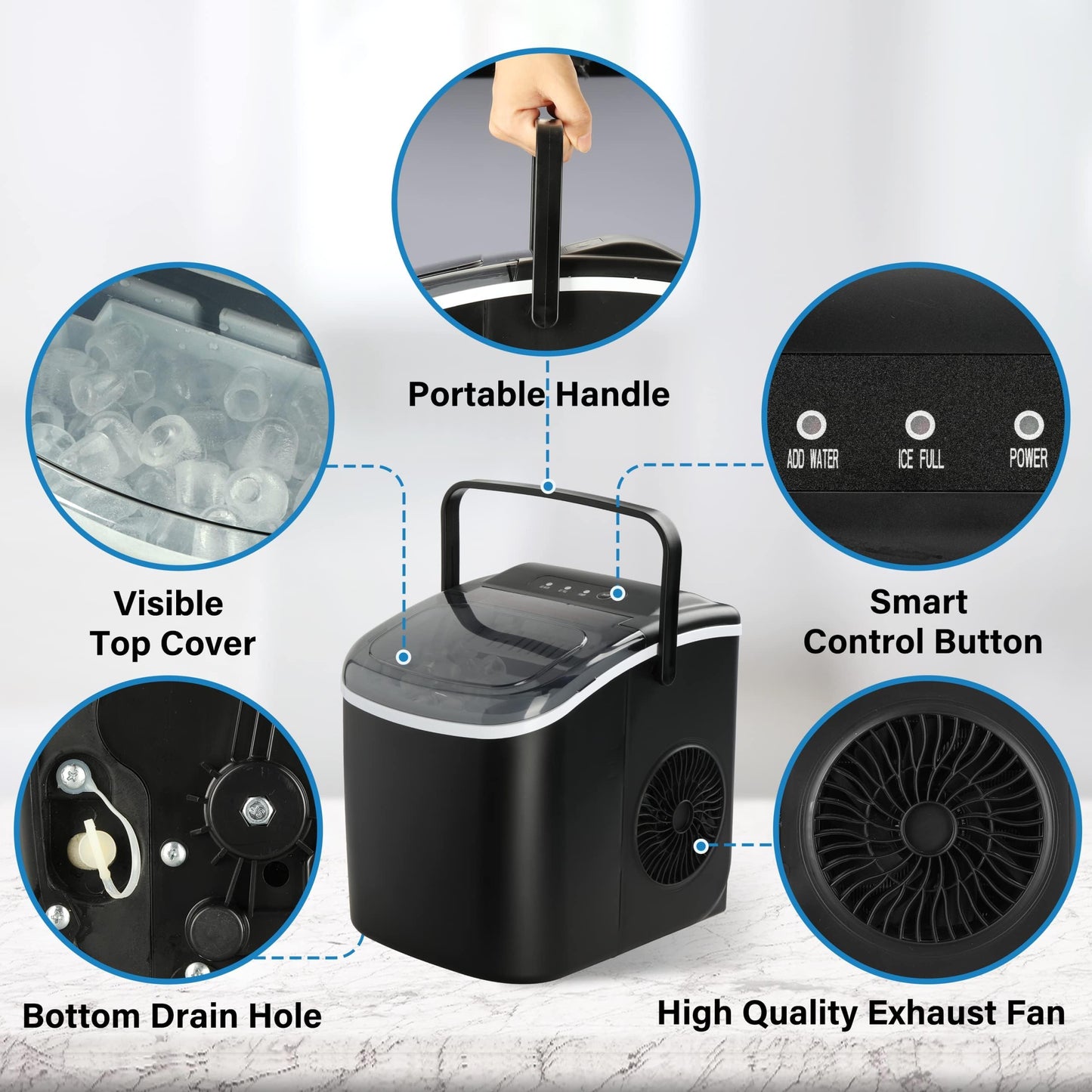 HealSmart Countertop Ice Maker, 9 Ice Cubes Ready in 6 Minutes, 26lbs/24Hrs, 2 Sizes Bullet Ice, Self-Cleaning with Scoop, Basket & Handle, for Kitchen, Office, Black