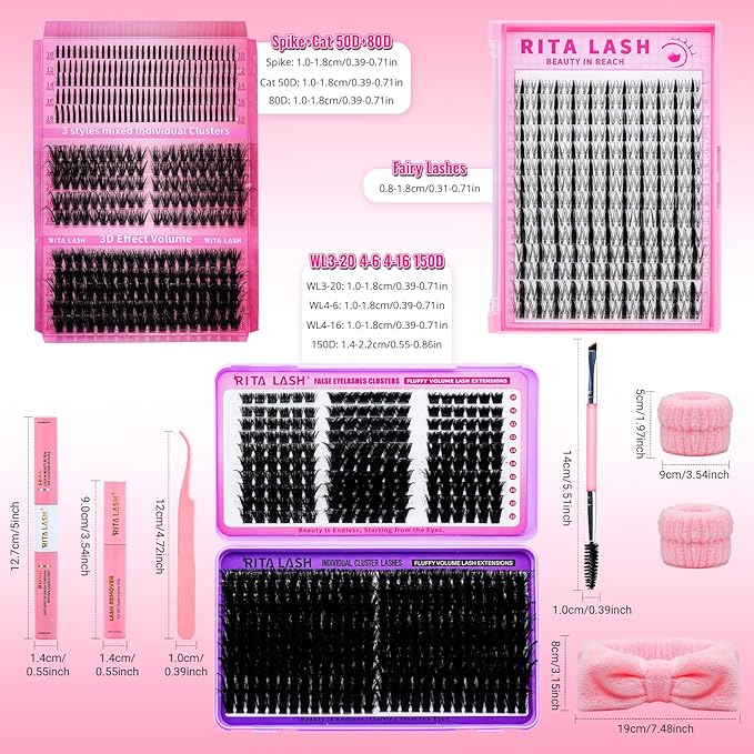 Lash Clusters Kit Eyelash Clusters Kit 3D Effect Cluster Eyelash Extensions Large Pack Spike Lash Extension PestaÃÂ±as Postizas Naturales+Lash Bond&Seal,Remover,Tweezers,headband,wristband(Lash Kit-6)