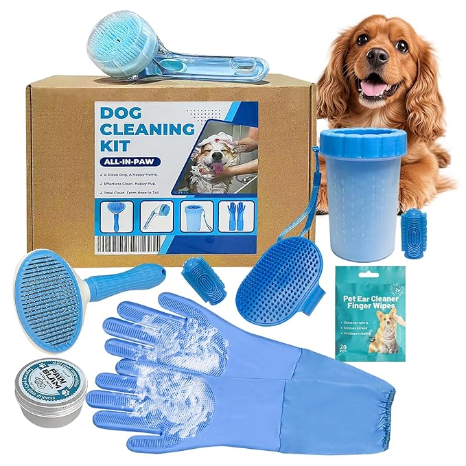 【𝗡𝗲𝘄 𝗳𝗼𝗿 𝟮𝟬𝟮𝟲】9PCS Dog Washing Kit - with Shampoo Brush,Pet Paw Cleaner and Claw Cream,Washing Gloves, Bath Brush,ToothBrushes & Ear Cleaner,Self Cleaning Slicker Brush,Dog Bath Supplies