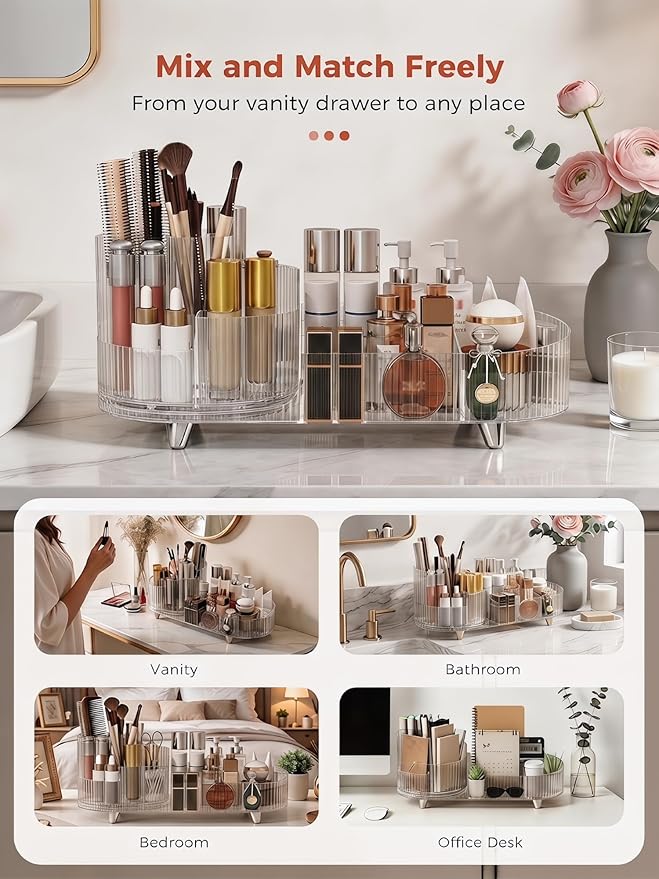Booklov Rotating Makeup Organizer for Vanity, Large Capacity Cosmetic Display Case, Clear Acrylic Countertop Beauty Storage Holder for Skincare, Brush Eyeshadow Lipstick, Counter Desk, Crystal Clear