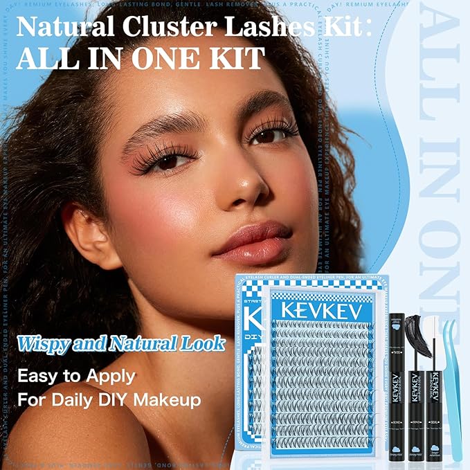 Wispy Lash Clusters Kit Invisible Thin Band Natural Eyelash Clusters 8-16mm Lash Extension Kit Mix Length Clear Band Natural Look Cluster Eyelash Extensions With Lash Bond DIY Lash At Home(Wispy02)
