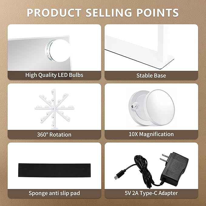 Vanity Makeup Mirror with Lights,3 Color Lighting Modes Detachable 10X Magnification Mirror Touch Control,360°Rotation, White (14.6Inch)