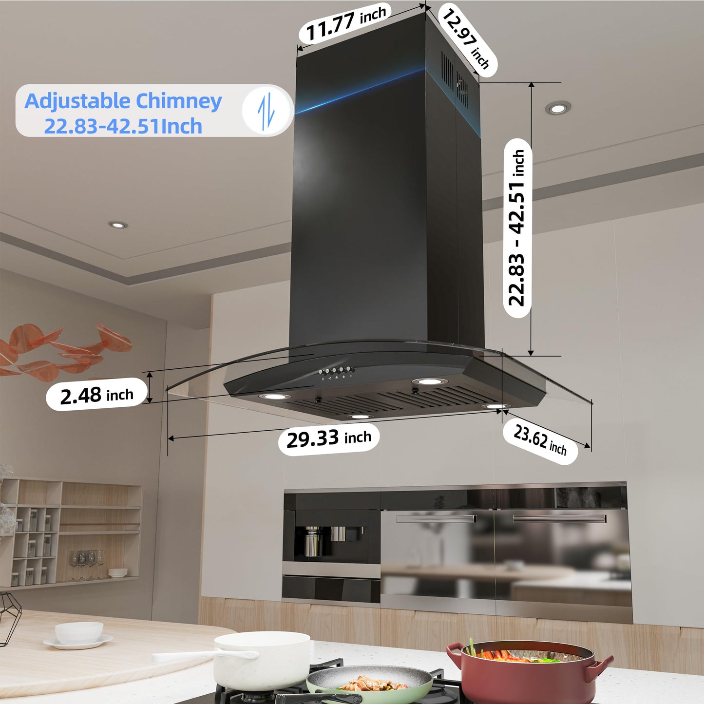 FIREGAS Black Island Mount Range Hood 30 inch with 700 CFM, Ceiling Mount Kitchen Vent Hood Ducted/Ductless Convertible, 4 LED Lights, 3 Speed Exhaust Fan, 2 charcoal fiters, Black