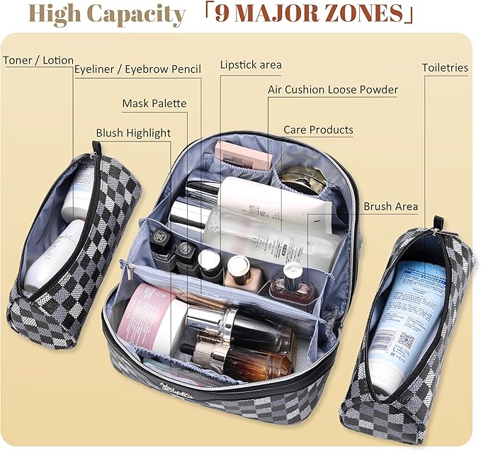 BOYATU Travel Makeup Bag Organizer Cosmetic Bag: 3 Pcs Set Make up Bags for Women with Handle - Waterproof Vegan Leather Toiletry Bag (01-H-Black)