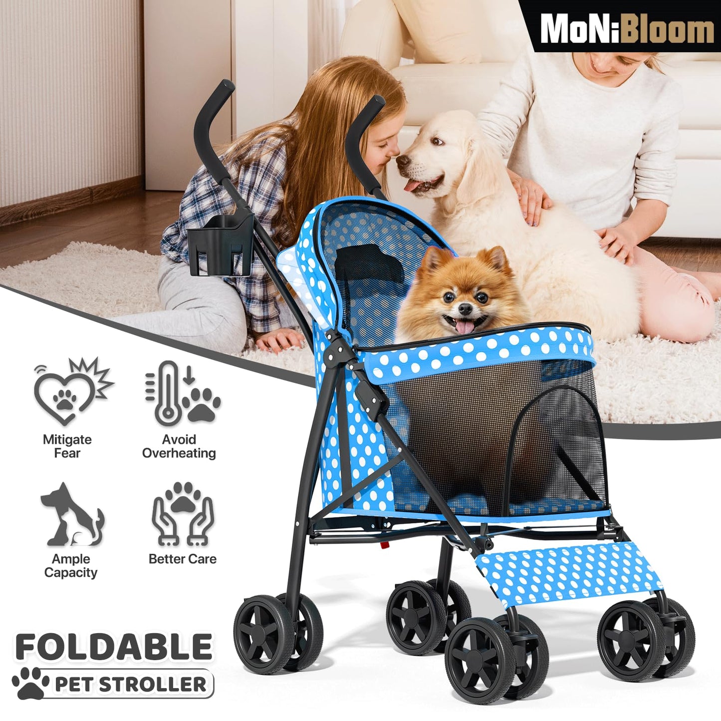MoNiBloom 4 Wheels Pet Stroller, Easy-Fold Umbrella Shaped Dog Cat Jogger Stroller w/Storage Bag & Visible Mesh for Small/Medium Dogs Cats Sky Blue Polka Dots
