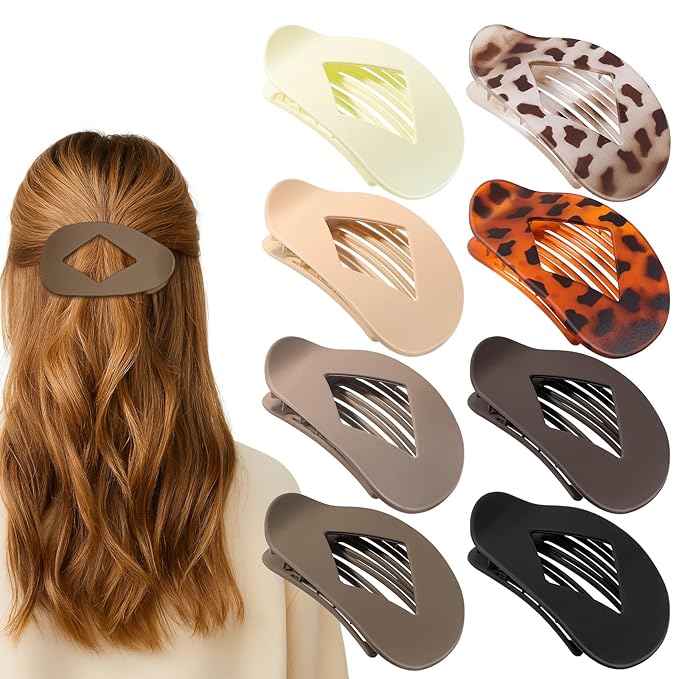 Obeoby 8 PCS Flat Claw Clips for Women, Strong Hold French Flat Hair Clips for Thick Thin Hair Barrettes Accessories Round Large Medium