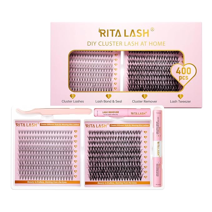 RITALASH Lash Extension Kit DIY Lash Clusters Kit 400pcs Cluster Lashes Individual Lashes Eyelash Extension Kit with Lash Bond and Seal,Lash Remover,Lash Tweezers(10D+30D Cluster Kit,8-16mm)