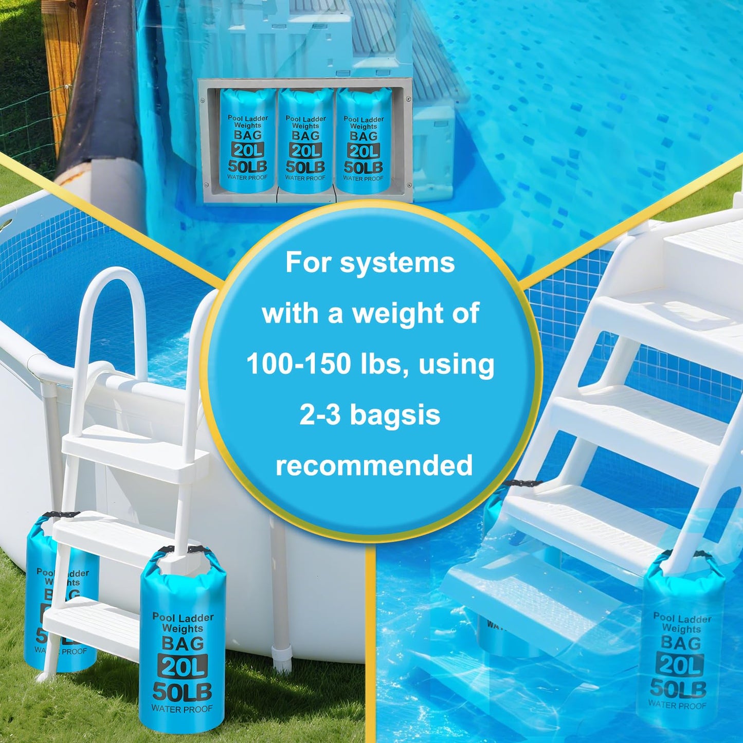 50LB Heavy Duty Pool Ladder Weights for Above Ground Pools, 20L Universal Pool Step Weights, 500D VPC Waterproof Pool Stair Weights, Easy Fill Sand Bags for Pool Steps, Foldable, Leak-Proof, 2PCS