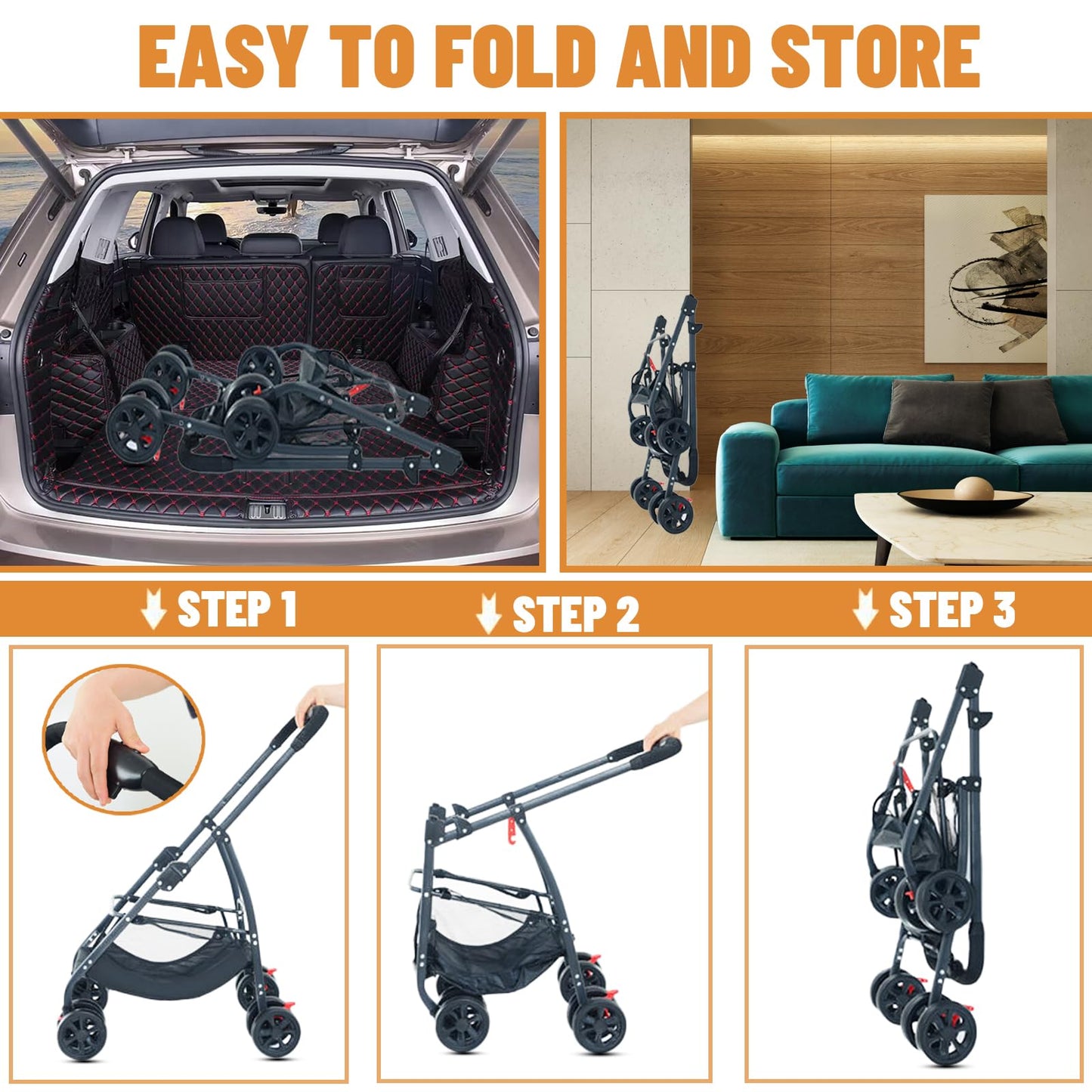 ZHUOKECE 3-in-1 Pet Dog Stroller, Dog Wagon with Removable Carrier, Cat Stroller for Medium Dogs Up to 55lbs (Black)