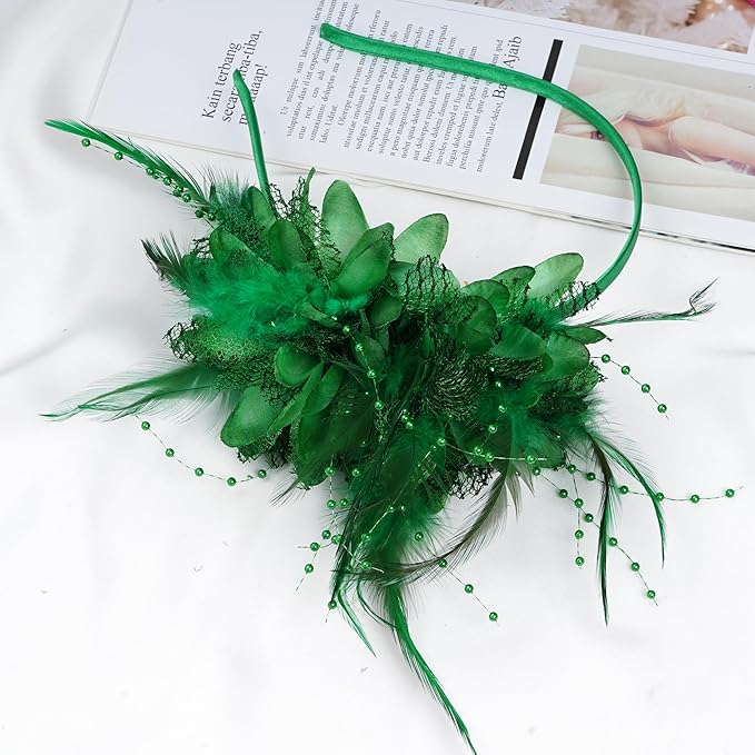 Womens Fascinators Hats Tea Party Hats for Women, Feather Pearl Veil Headband for Wedding Cocktail Dresses Accessories