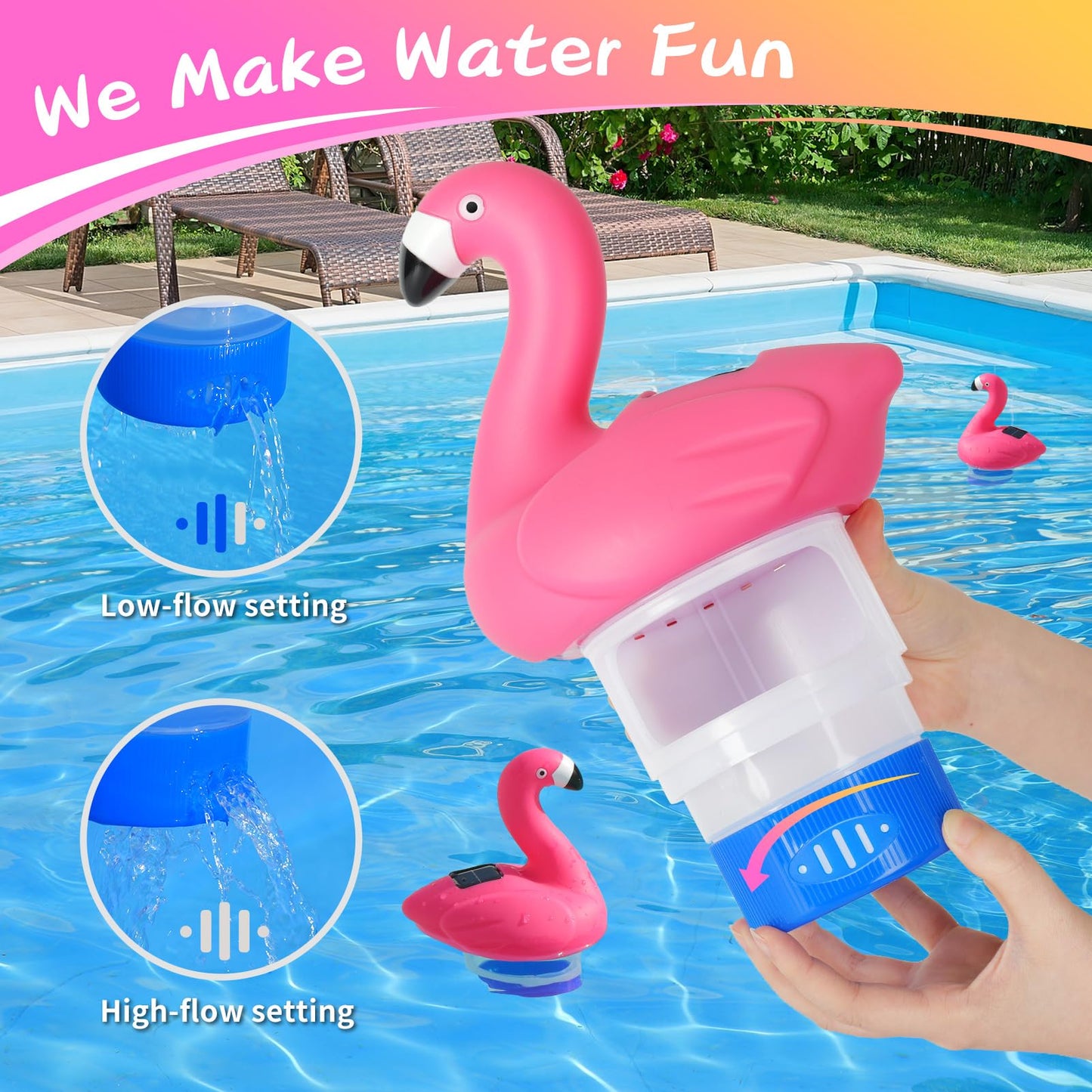 Covfirst Pool Chlorines Floater, 9 in Flamingo Chlorine Floater w/Light, Solar Chlorine Floater w/Adjustable Flow, Large Size Chlorine Tablet Floater, Floating Chlorines Dispenser for Pool Hot Tub