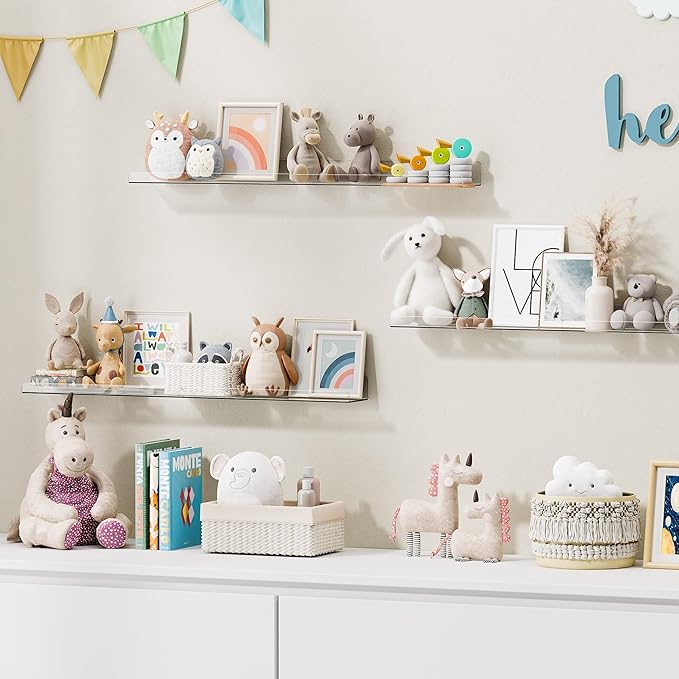 upsimples 6 Pack Acrylic Shelves for Wall Storage, 15" x 4Ã¢ÂÂ Floating Bookshelves for Kids, Display Shelf Organizer for Bathroom, Bedroom, Living Room, Kitchen, Room Decor, Clear