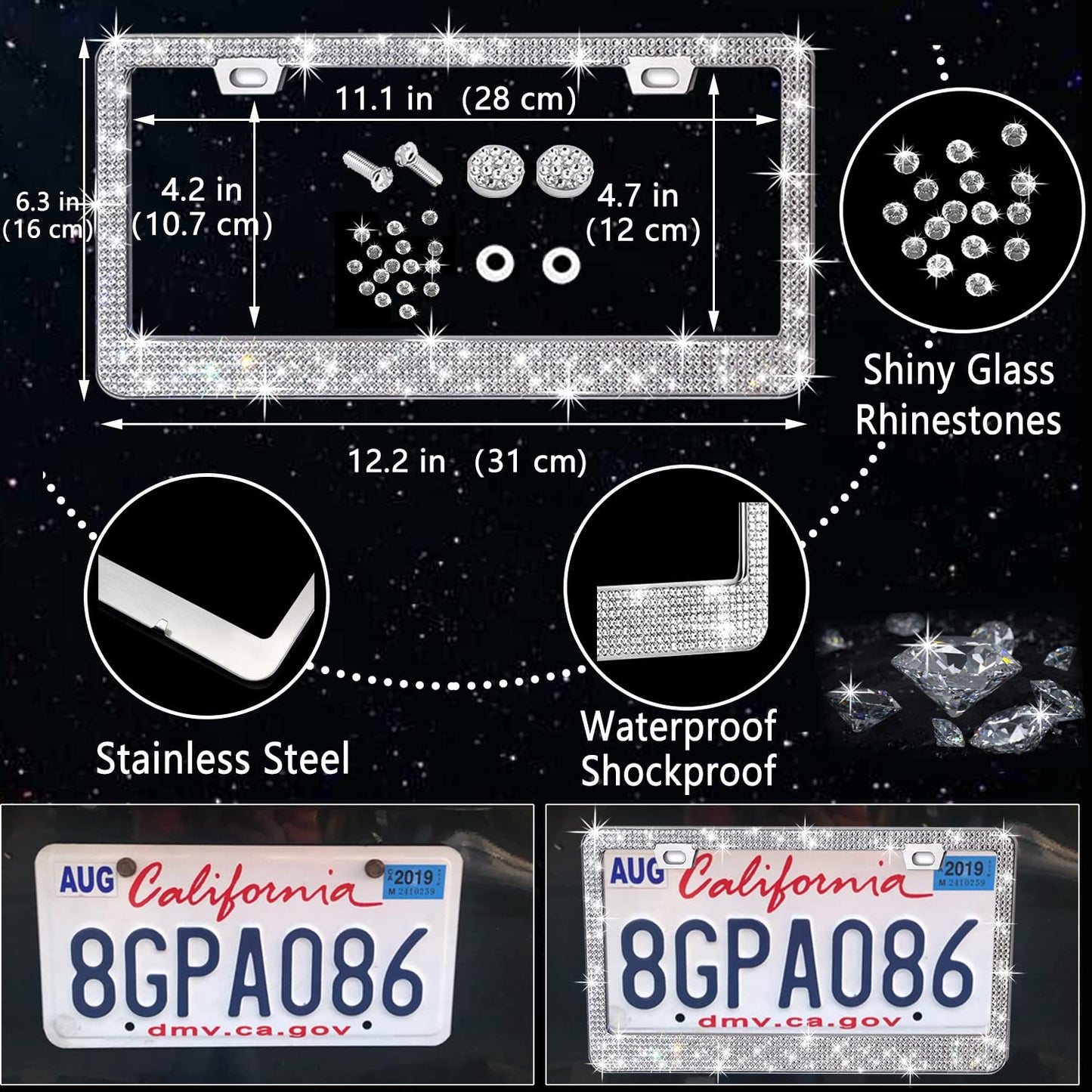 NBTEPEM 27 PCs Bling Car Accessories Set for Women, Steering Wheel Covers Universal Fit 15 Inch, Bling License Plate Frame, Bling Phone Holder, Bling Car Coasters (Silver Diamond)