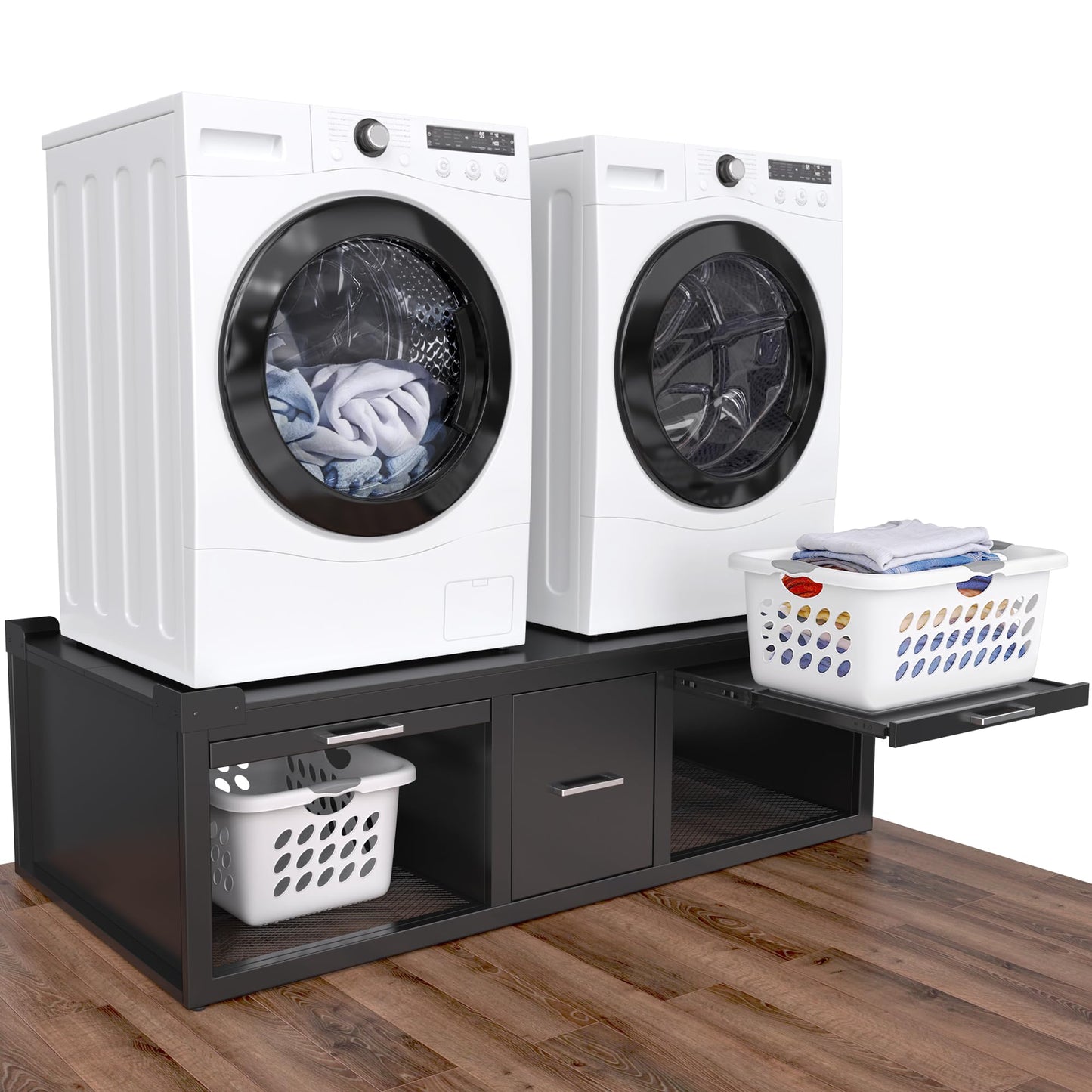 GDLF Washer and Dryer Pedestals, Universal Fit Washer and Dryer Stand with Pull-Out Shelf, 58.1"x29.1"Laundry Pedestal with Storage, 800LBS Capacity，Black