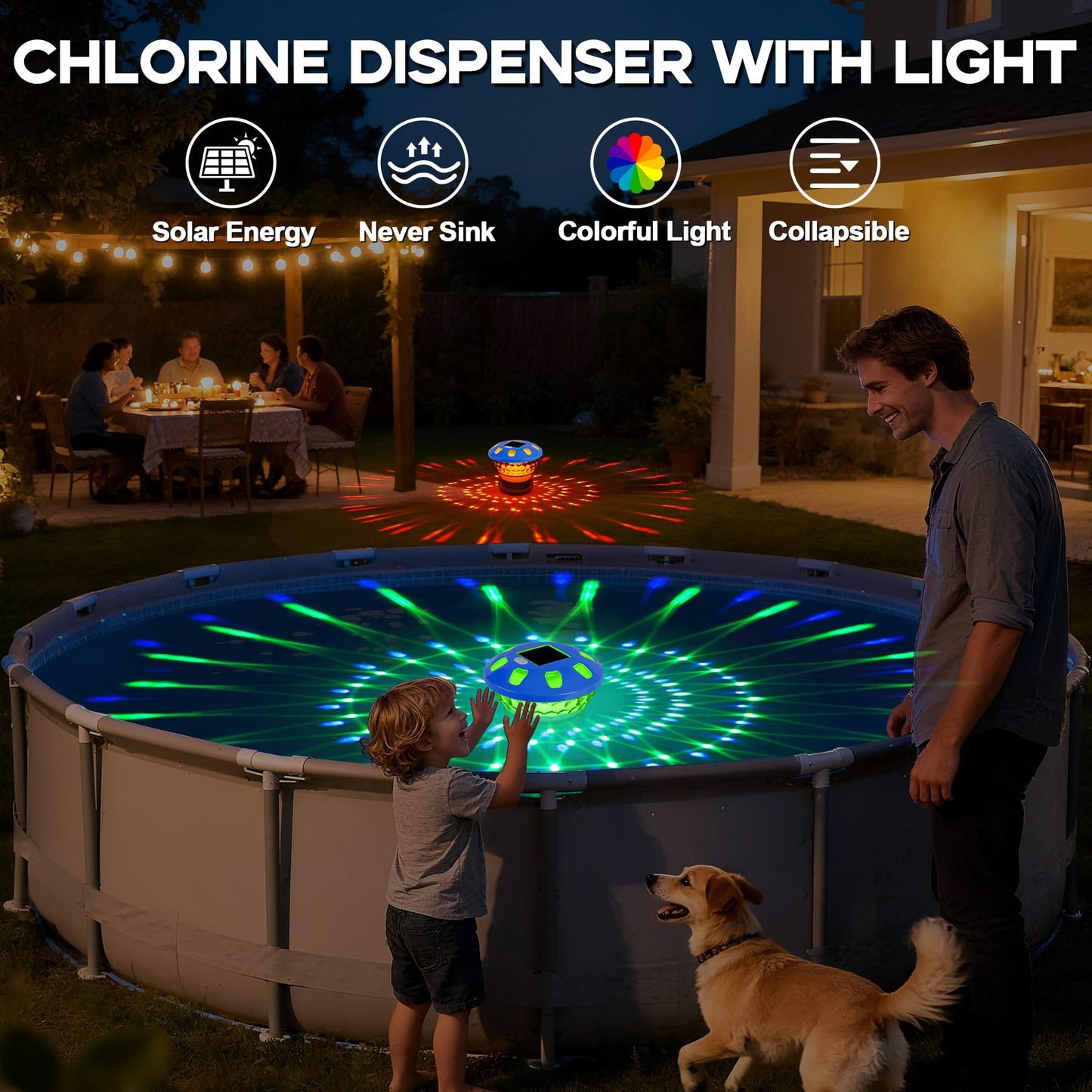 AquClor Chlorine Floater with Light,Pool Chlorine Floater with Adjustable Flow,Solar Chlorine Floater w/Large Capacity,Collapsible Floating Chlorine Dispenser for Pool,Hot Tub Chlorine Floater,Blue