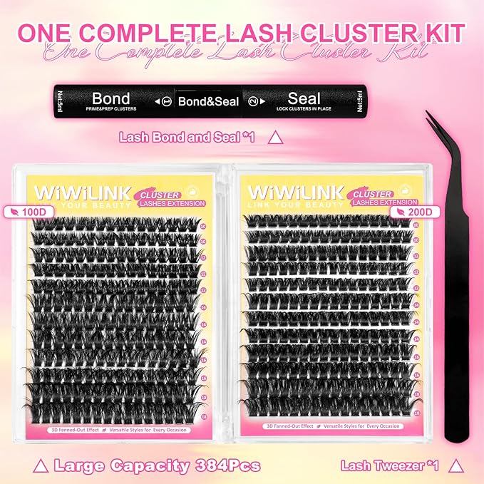 Fluffy Lash Clusters Kit 384Pcs, Wispy Volume (100D/200D) D-Curl Cluster Eyelash Extensions 10-18mm + Bond & Seal Glue + Tweezers - Reusable 15+ Times, Natural to Dramatic Volume