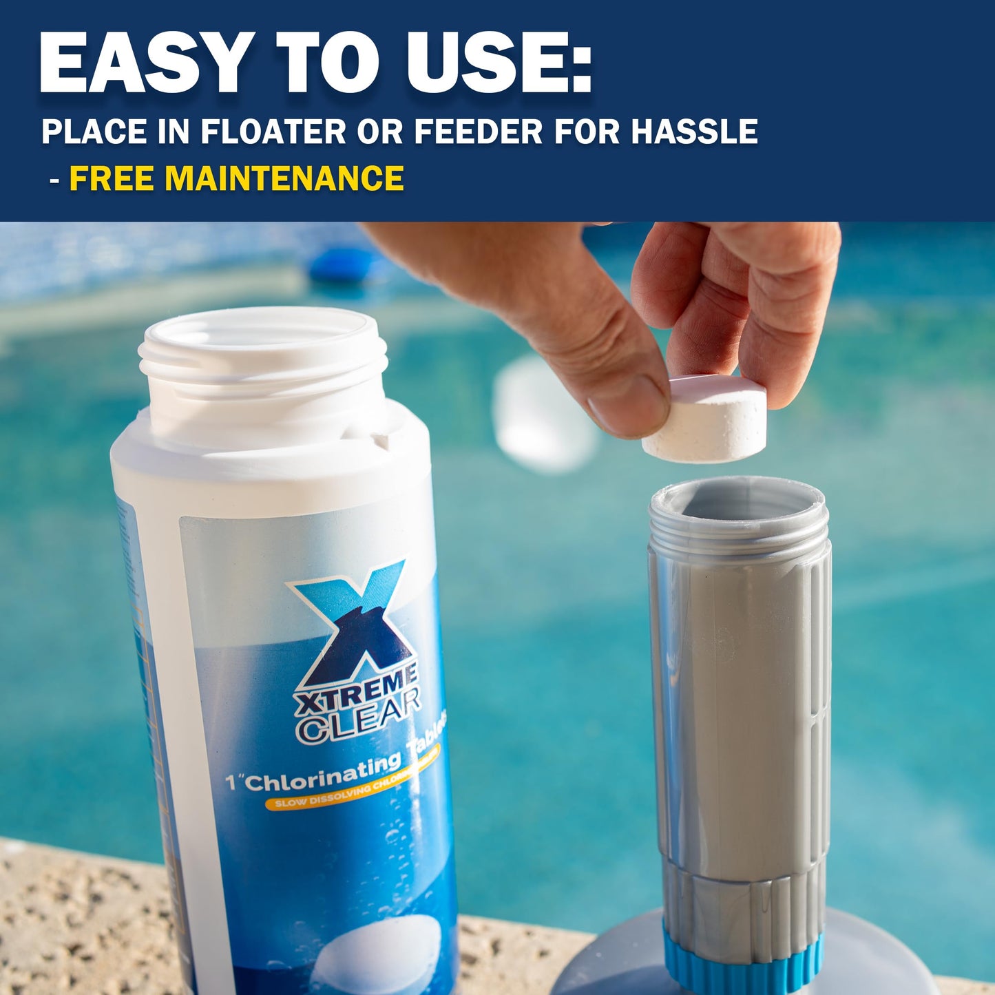 XtremeClear Value Pack 2 Pack 1" Chlorine Tabs, Long-Lasting Stabilized, Swimming Pool, Hot Tubs & Spa, Small Pool Sanitizer - Slow Dissolving Tablet, 3Lbs (1.5Lbs Each Bottle)