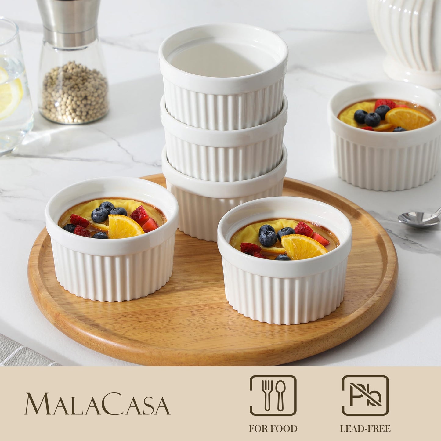 MALACASA Ramekins 10 oz Oven Safe, Porcelain Creme Brulee Ramekins Pudding Custard Cups Large Ceramic Souffle Dishes Ramakan Ramiken Ramicans Baking Bowls Set of 6, White, Series RAMEKIN-DISH