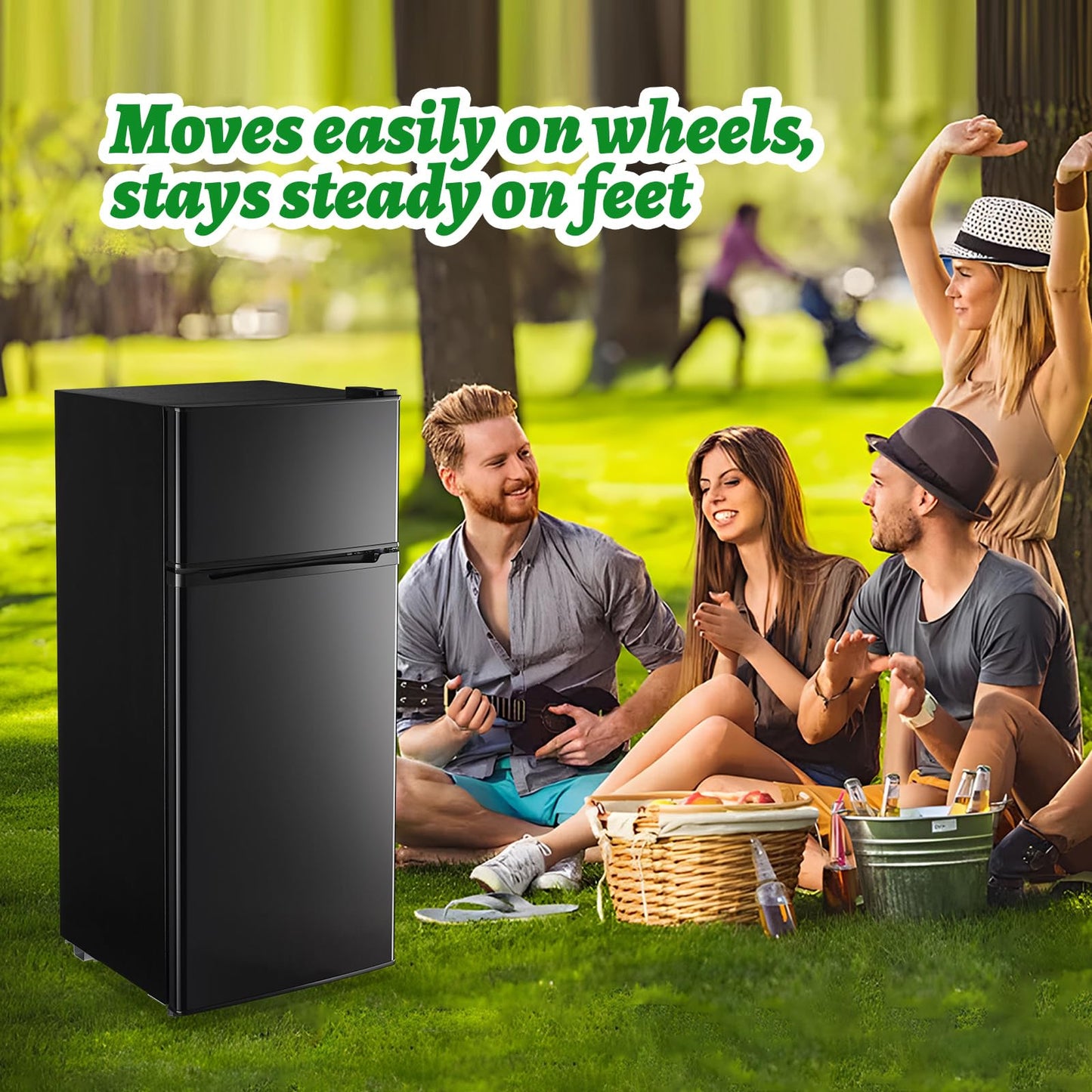 DEMULELR 4.5Cu.ft Small Mini Refrigerator with Freezer Black Two Door Mini Fridge with Crisper Drawer & Extra Drink Space, LED Light, Apartment Size Fridge for Dorm Office 17.5" W x 18.5" D x 43" H
