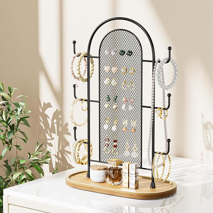 Jewelry Holder Organizer Earring Display - Stands Earring Storage Earring tree Hanger Jewelry Towers Rack with 6 Hooks 300 Stud Holes Wood Tray for Necklaces Bracelets Rings