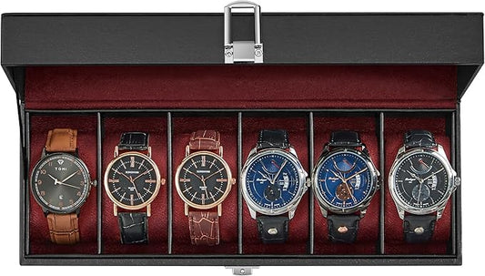 SONGMICS Watch Box, 6-Slot Watch Case Organizer with Large Glass Lid, Removable Pillows, Gift for Loved Ones, Black Synthetic Leather, Wine Red Lining UJWB006R01