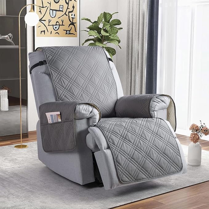 TAOCOCO Waterproof Recliner Chair Covers 30 Inch Wide, Oversized Recliner Covers for Recliner Chair with Pocket, Recliner Slipcovers with Straps Furniture Protector for Kids Pets (30'', Gray)