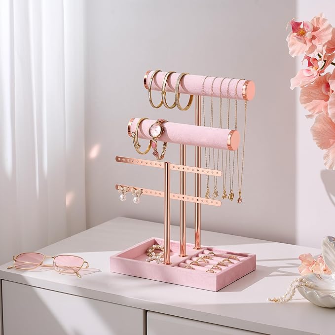 3 Tier Bracelet Holder Display - Detachable T Bar Pink Velvet Bracelet Holder, Jewelry Holder Organizer for Bracelet, Necklace, Earrings, Rings