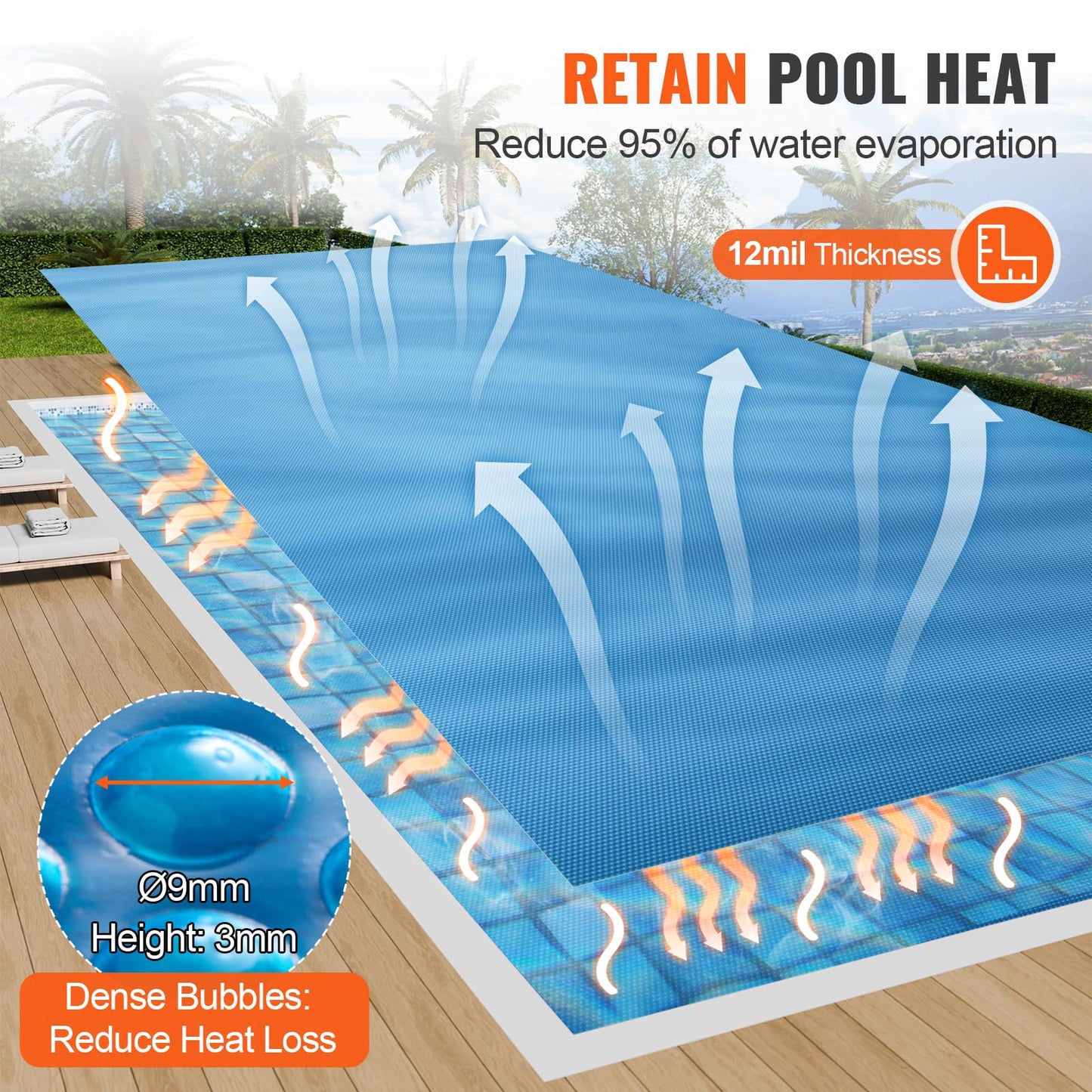 VEVOR Solar Pool Cover, 28 x 14 ft Rectangle Solar Cover 12 mil for Pools, Inground Above Ground Swimming Pool Solar Blanket with Bubble, Heat Retaining Solar Covers Blue