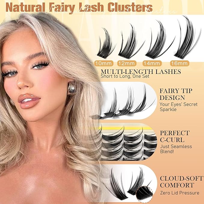 Fairy Lashes Clusters Kit Manga Eyelash Clusters Natural Cluster Eyelash Extensions Wispy Lash Clusters Kit Spiky Cluster Lashes 10-16mm 208pcs Eyelash Extension Kit (Bond Seal and Tweezers)
