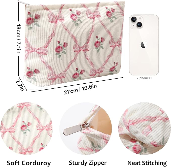 Cosmetic Bags for Women - Corduroy Cosmetic Bag Aesthetic Women Handbags Purses Smile Dots Makeup Organizer Storage Makeup Bag Girls Case Bags (Flowers-Beige strawberry)
