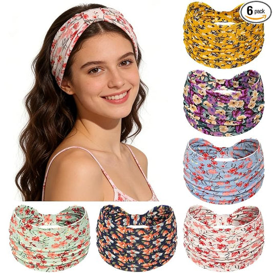 Awumbuk Wide Headbands for Women Knotted No Slip Hairbands Soft Turban Headband Hair Accessories Boho African Head Wrapst Yoga Workout (Floral purple)