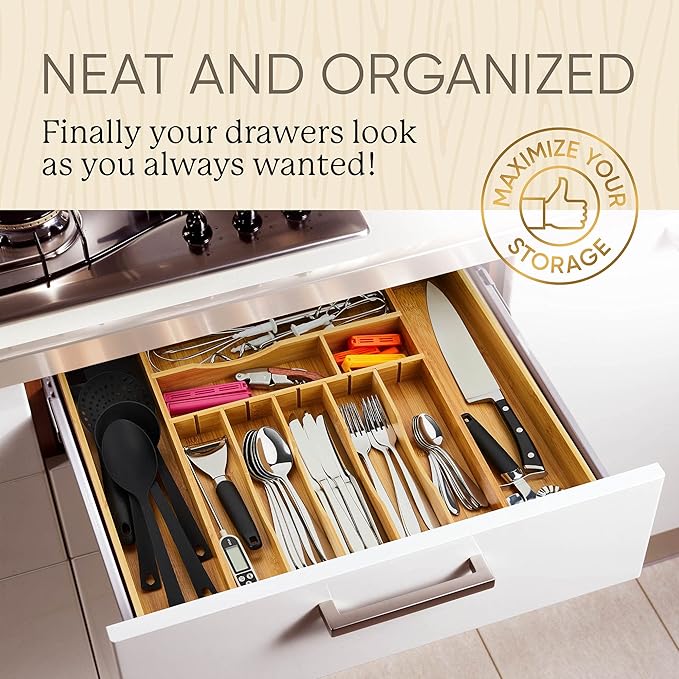 Night Tree 2.5Ã¢ÂÂ Extra Deep Silverware Drawer Organizer with Adjustable Dividers Ã¢ÂÂ Expandable Bamboo Flatware Tray for Kitchen, Reinforced Wood Cutlery Holder (14"-21.6" Wide)