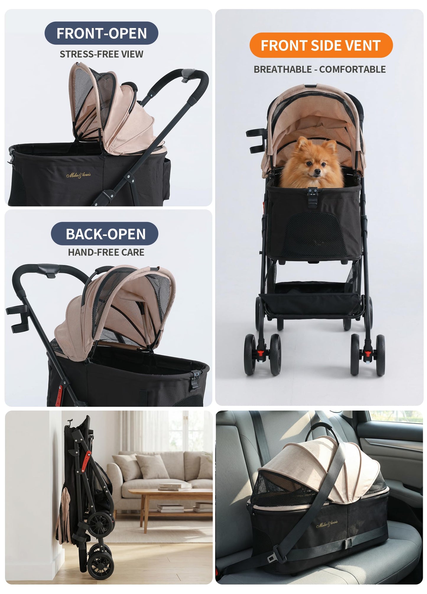 MILA&LOUIS Dog Stroller, 26" Pet Cradle for Medium Dog, Lightweight Foldable Dog Stroller for Multiple Small Pets Durable PU 4-Wheel Dog Strollers, Pet Stroller for Dogs & Cats up to 25Lbs