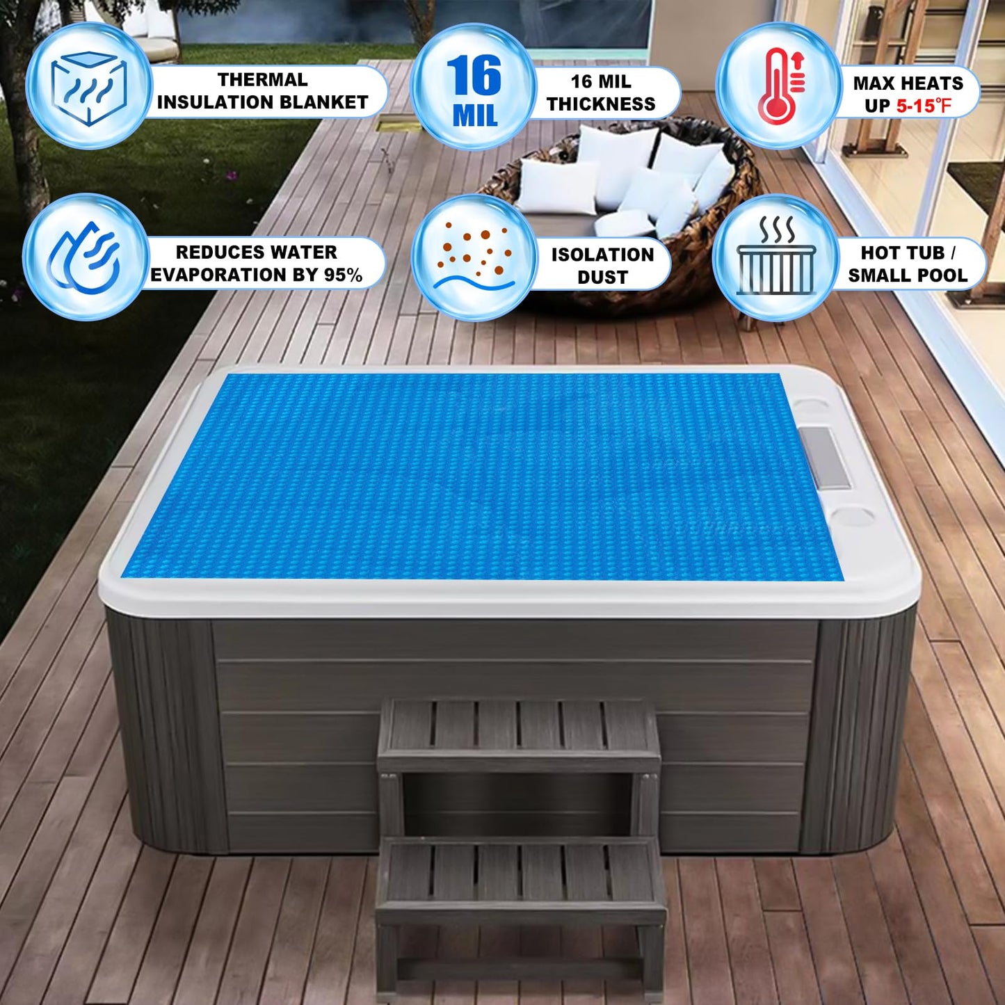 Kakolvan Solar Bubble Hot Tub Spa Cover for 7 x 7 FT Square Inflatable Swimming Pool Blanket Thermal Floating Insulation 16 Mil Bubble Solar Covers for Indoor Outdoor Spa Hot Tub Wrap Covers