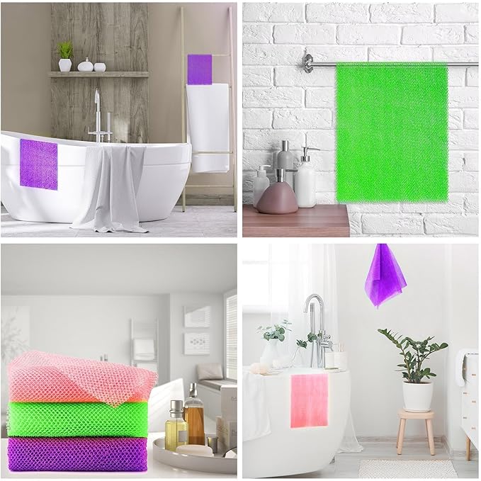 UJFQBH 3 Pieces African Bath Sponge African Net Long Net Bath Sponge Exfoliating Shower Body Scrubber Back Scrubber Skin Smoother,Great for Daily Use (PurpleÃ¯Â¼Â PinkÃ¯Â¼ÂGreen)