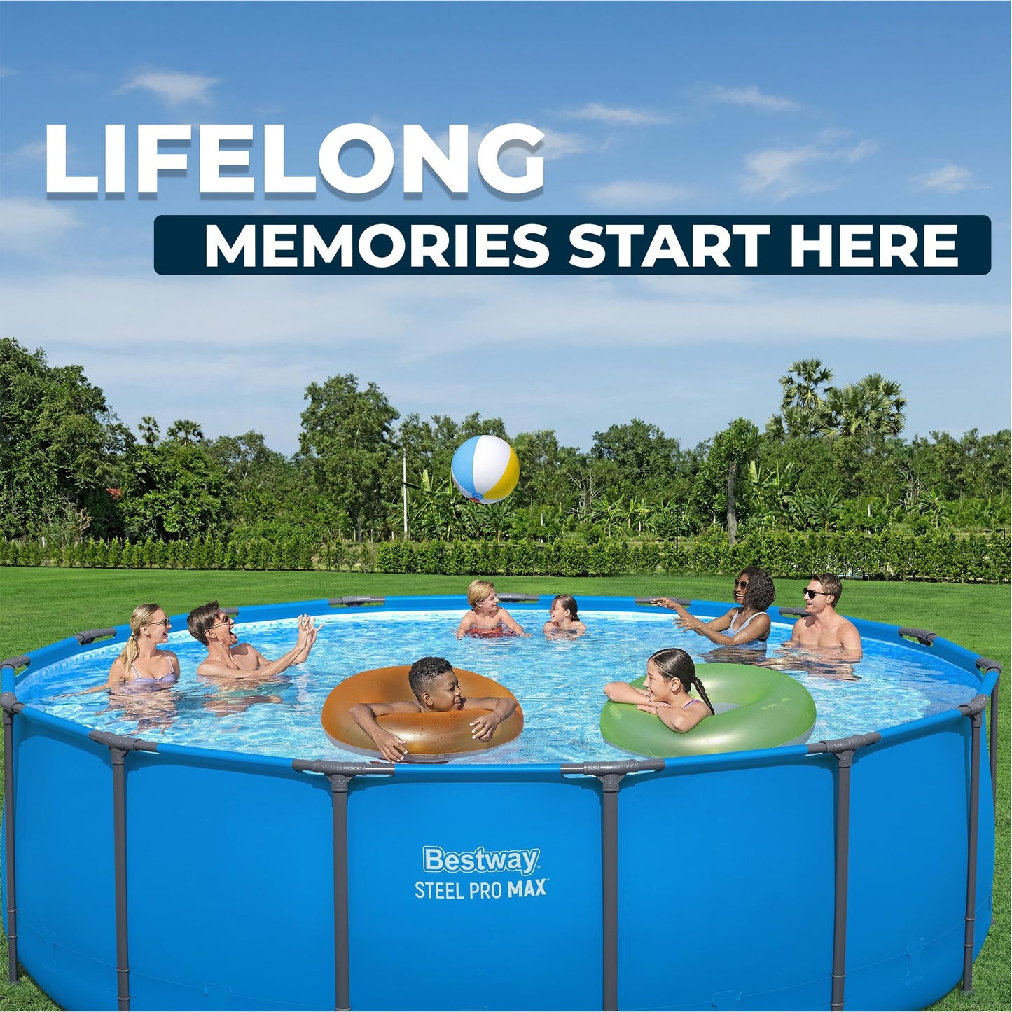 Bestway Steel Pro MAX 15’ x 48" Above Ground Pool, Round Metal Frame Outdoor Swimming Pool for Backyard, Blue, Pool ONLY
