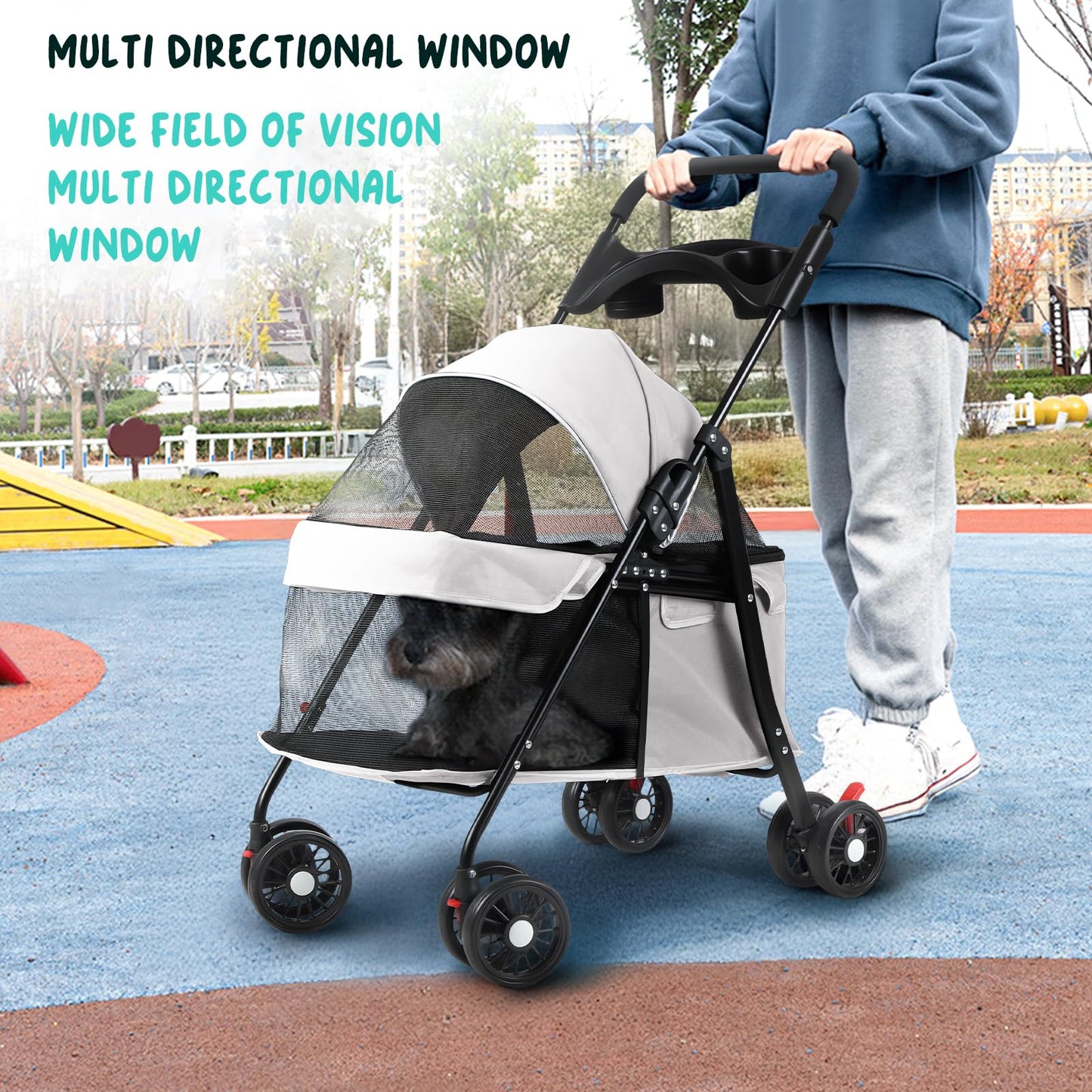 sxvbdway 4 Wheels Pet Stroller for Medium Small Dog up to 50lbs, Dog Cat Stroller, Outdoor Travel Pet Folding Strollers, Cat Cage Strollers with Cup Holder, Breathable and Visible Mesh (1 Set-Grey)