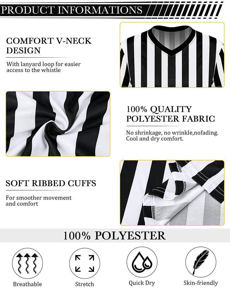 Sintege 4 Sets White and Black Soccer Referee Stripe Shirt with Whistle Official Referee Costume Shirt Football Umpire Jersey Halloween Costume for Adult(Adults Medium)