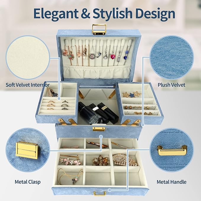 Dajasan Jewelry Organizer Box, Large Jewelry Boxes for Women Girls, Space-Saving 3 Layers Jewelry Storage Case with Drawer, Gift Idea for Christmas, Valentine's Day, Birthday, Mother's Day (Blue)