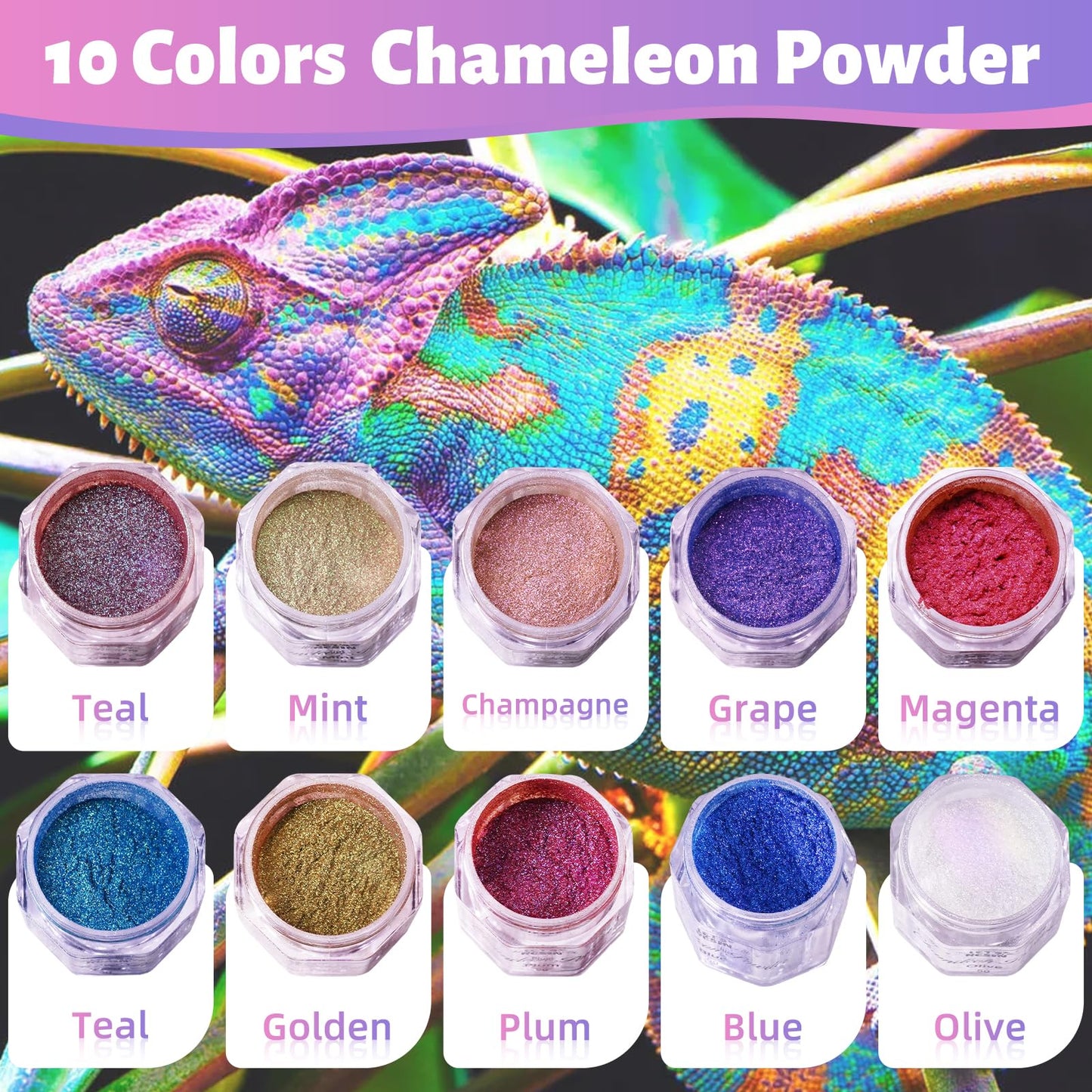 LET'S RESIN Chameleon Mica Powder, 10 * 5g Color Shift Mica Powder for Epoxy Resin/Tumbler, Saturated Color Shifting Chrome Pigment Powders for Painting,Slime,Nails