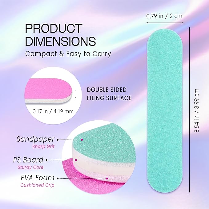 25PCS Mini Size PANA Professional Double Sided Nail Files - Pink&Teal, 100/180 Grit - Emery Board Nail Buffering File Manicure Pedicure Nail Polisher Washable